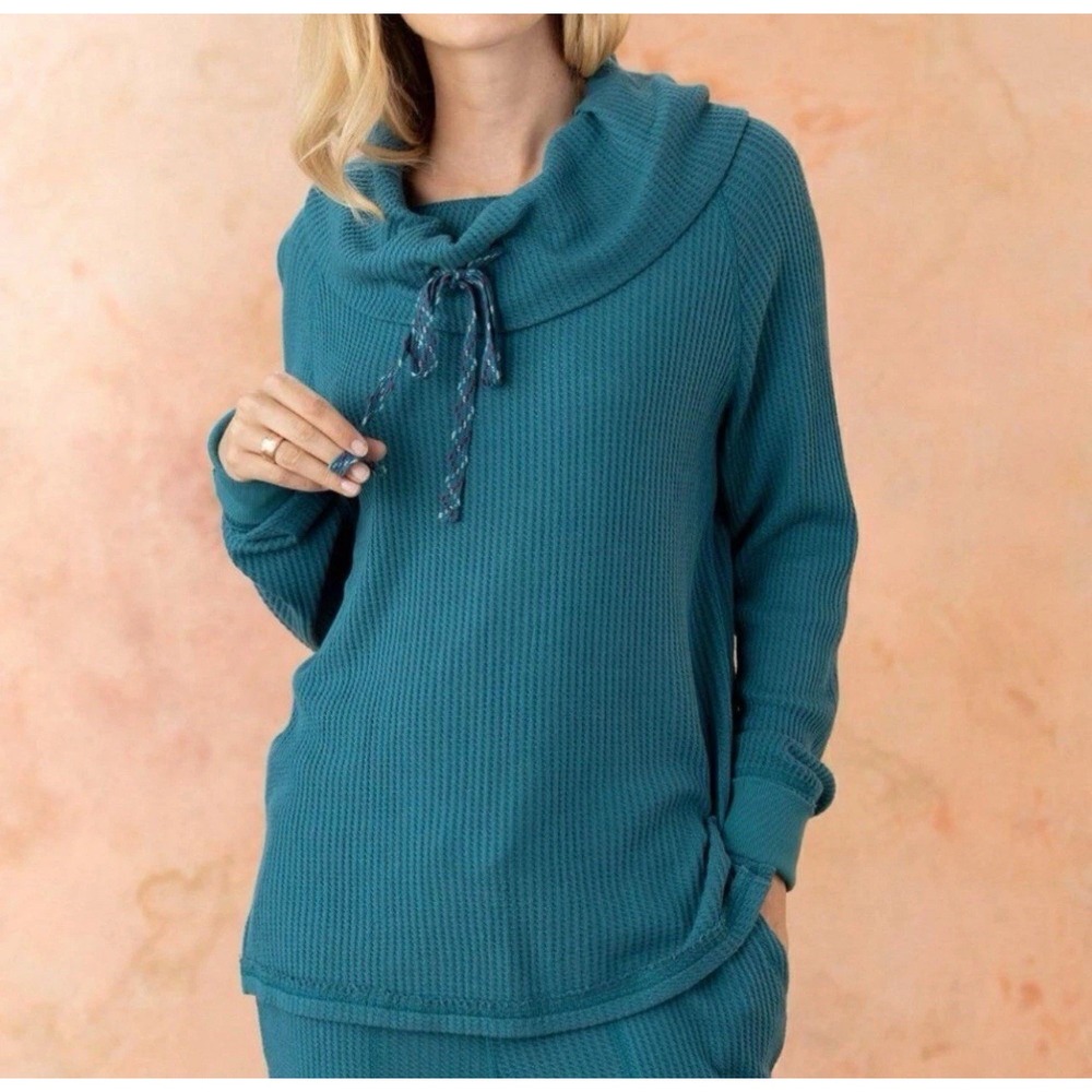 Sundance Women's‎ XS Thermal Waffle Knit Top Adjustable Cowl Neck Teal Cotton